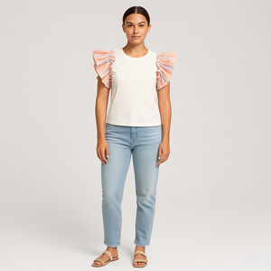 Anthropologie Flat White Women's Ruffle Sleeve Striped T-Shirt - Size Small